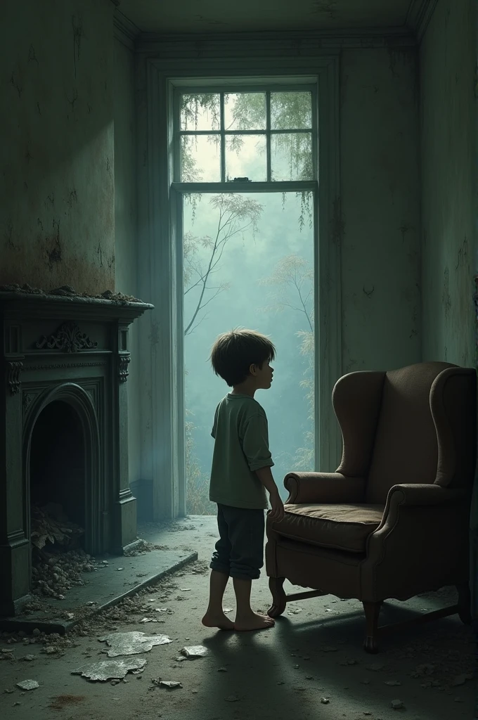 A boy Ethan enters the house, revealing scattered dust and old, tattered furniture. He sits in a chair near the fireplace.