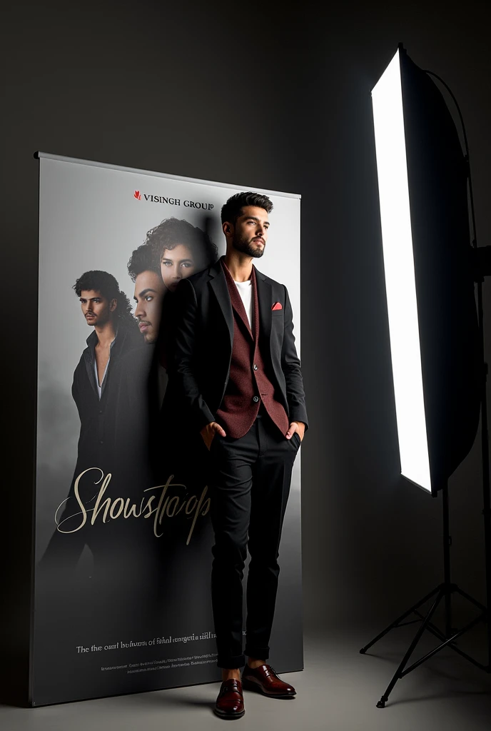 Create a model shoot which has a poster in the back with brand "Vsingh Group" also add a flyer or poster on the side with text "Showstopper"
