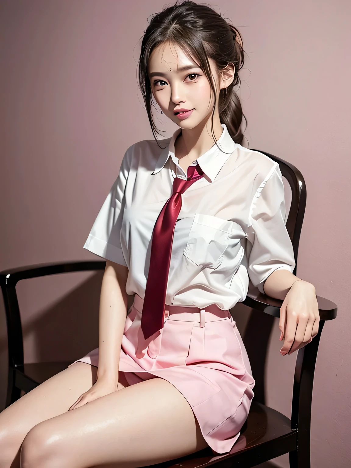 (Highest quality、8k、32K、masterpiece、Hmph:1.2)、(masterpiece, Highest quality), Realistic photos, high school girl、very cute、、Short Ponytail、sexy、Instagram, Bright colors, High Dynamic Contrast, Slender figure、thin、Small, shapely breasts、One person、Gray Hair、 Purple eyes, Lips parted, blush, compensate, 軽いsmile, Red tie、A thin white short-sleeved shirt that is slightly translucent.、sexy、Green exy、Sweat, Wet, light, Shine, Tight waist, (masterpiece), Pink Wallpaper,Sitting in a chair、I can see your thighs、sexy、smile