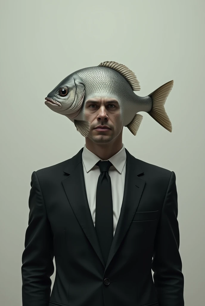 He is a man with a fish head.。Wearing a black suit、He is well-dressed。