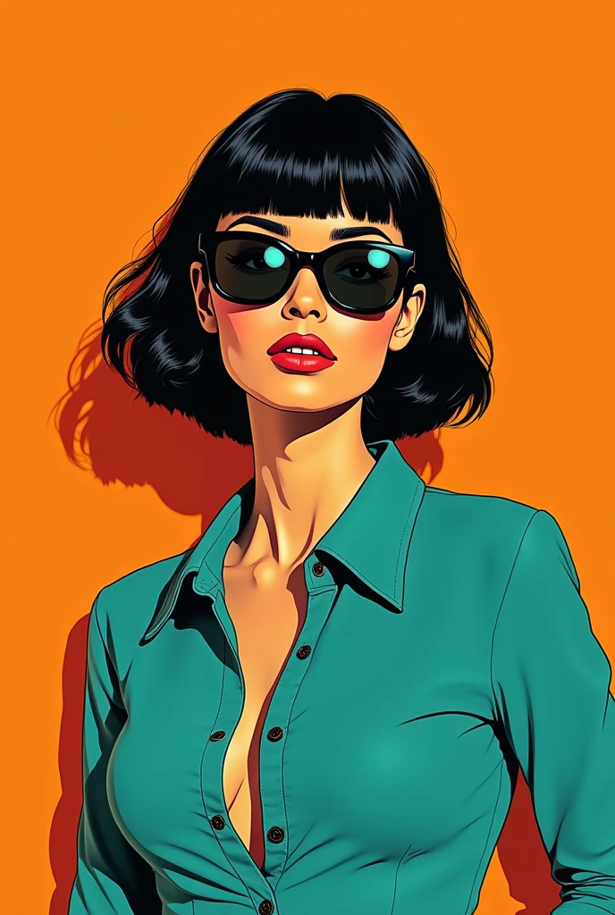 A retro illustration of a woman with sunglasses and short black hair, wearing teal , against a bright orange background, in the style of vintage poster design, in the style of Hugh Kretschmer, in the style of Ross Tran, in the style of Fluid Forms, in the style of Peter Max, and in the style of J.C. Le Capitaine, high resolution. --ar
