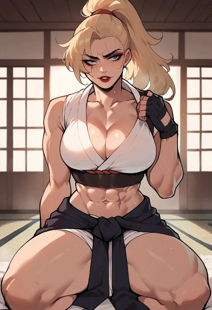 score_9, score_8_up, score_7_up, score_6_up, seductive expression, close up, sitting on knees, edgLidia, fingerless gloves, scar across one eye, blonde hair, ponytail, eyeliner, blue eyes, red lipstick,red hairband, black karate belt, clothes around waist, big breasts, toned, abs, sweat, dojo, dimly lit, source_anime, rating_explicit