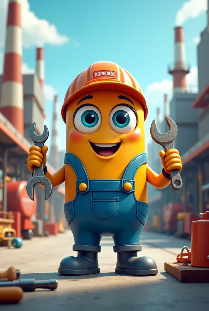 Hose clamp Smiley screw with arms and legs, dressed in blue overalls and an engineer's cap. He has bright eyes and a friendly expression.. In one hand he holds a wrench and in the other a screwdriver.. Behind her, an industrial city with factories and machines in operation. The style is colorful and lively, with soft lines' and that has the name Teconnex Mexico