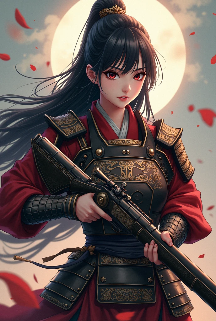 Sengoku period anime female, with a Tanegashima (a type of firearm), downcast eyes, straight long hair, and wearing samurai armor.