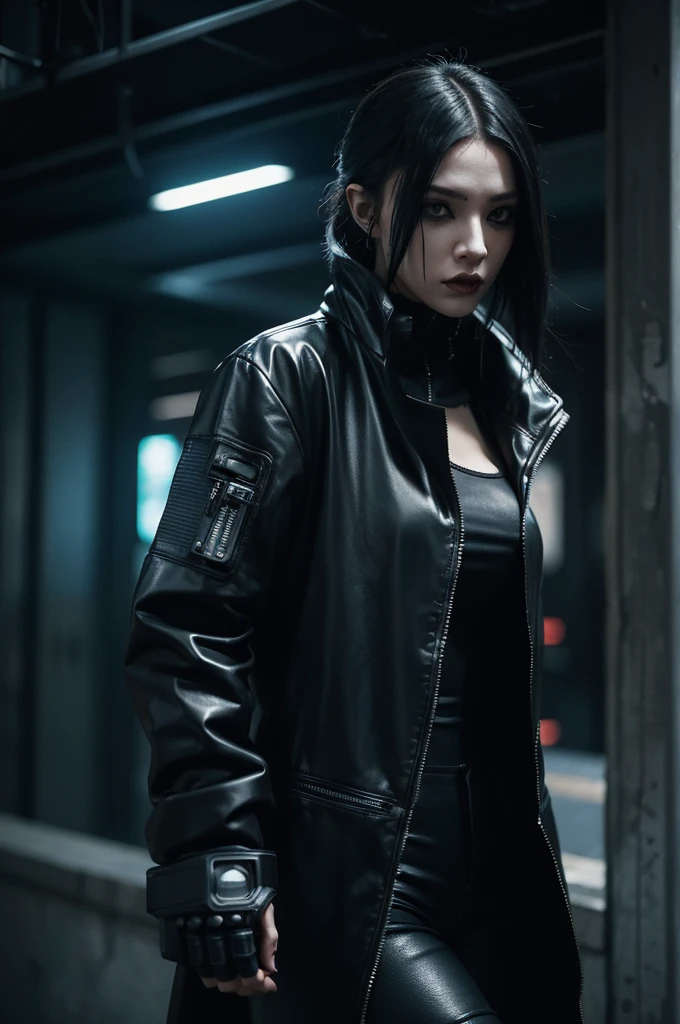 woman in a black outfit, cyber punk setting, gothic - cyberpunk, cyberpunk assassin, very beautiful cyberpunk assassin, cybergoth, goth cybersuit, cyberpunk photo, photograph of a techwear woman, cyberpunk style outfit, in cyberpunk style, cyberpunk femme fatale, cyberpunk outfit