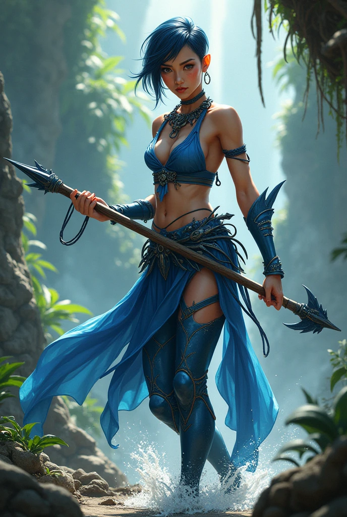 Thai female warrior, short hair, tight pants, shark theme, blue dress, spear weapon