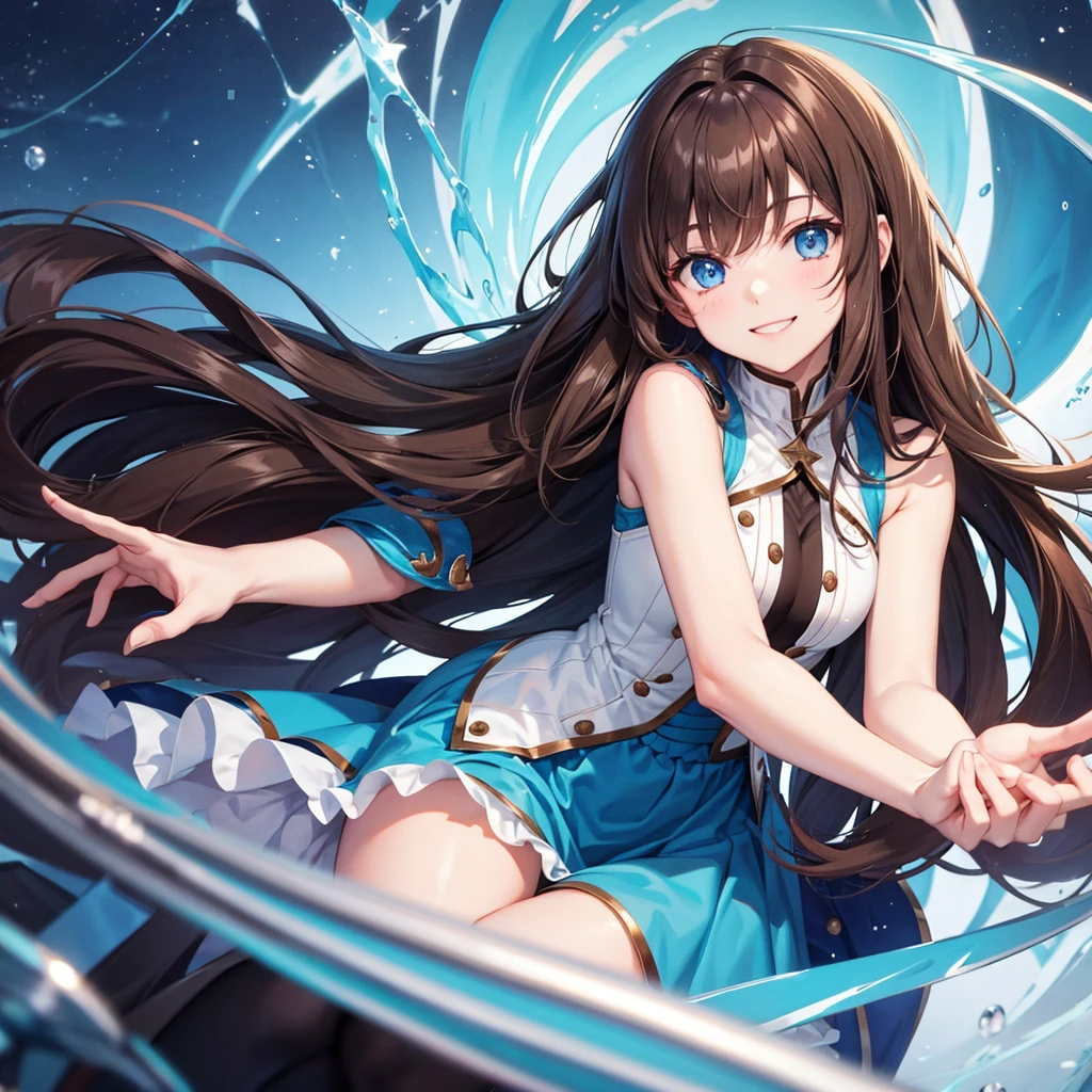 long hair, Brown hair, Blue eyes, Smile, solo,