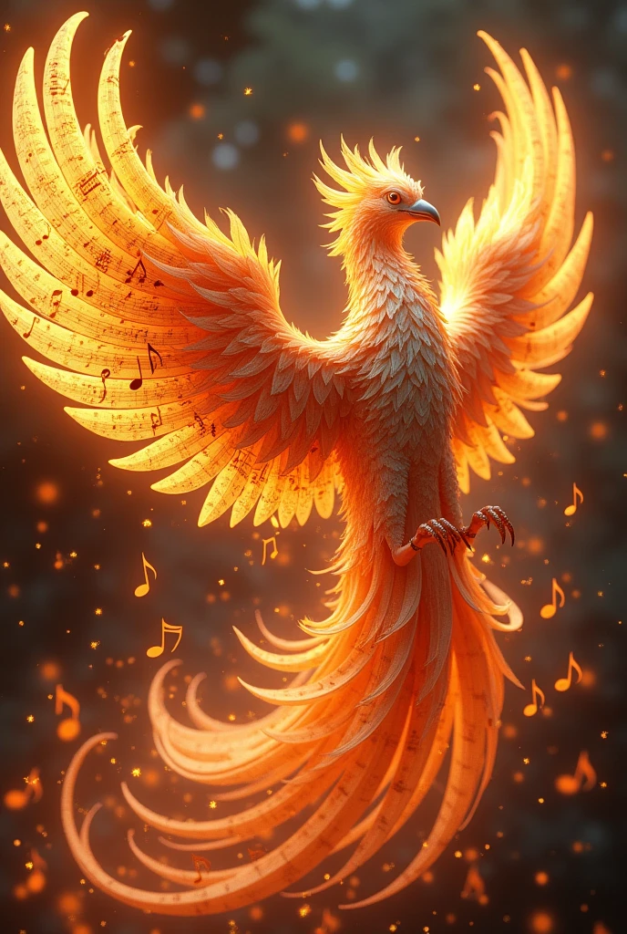 a phoenix made of musical notes, (best quality,4k,8k,highres,masterpiece:1.2),ultra-detailed,(realistic,photorealistic,photo-realistic:1.37),intricate phoenix bird,detailed musical notes,dynamic phoenix pose,glowing phoenix,fiery phoenix,phoenix rising from flames,phoenix with outstretched wings,phoenix silhouette,phoenix made of sheet music,phoenix composed of musical symbols,phoenix emerging from musical staff,phoenix surrounded by swirling notes,phoenix with feathers made of notes,detailed phoenix feathers,phoenix in flight,phoenix with vivid colors