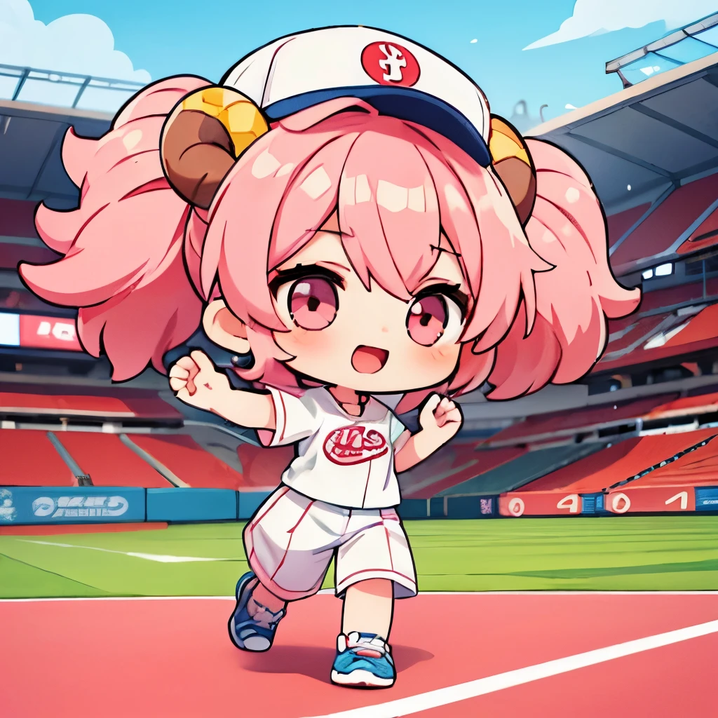 An anime-style illustration of ‘Fua-chan’ reimagined as a character in the style of ‘Pawapuro-kun’ from the Power Pros game series. Fua-chan retains her distinctive features: long pink hair styled in soft curls resembling sheep’s horns, and pink eyes, but with the simplified and chibi-like proportions typical of Power Pros characters. She is depicted wearing a cute baseball uniform in bright colors, complete with a cap that matches the outfit. Her expression is cheerful and determined, ready to take on the game. The background is a colorful and lively baseball field, with stadium lights and cheering fans, capturing the playful and energetic atmosphere of the game.