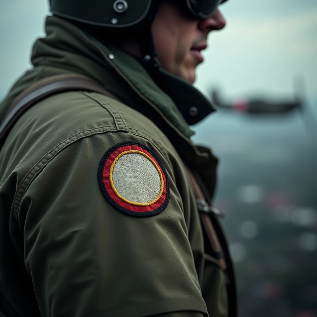 Close up of a fighter pilots jacket, showing one round embroidered blank patch on the upper sleeve of the flight suit. Model is turned sideways to the camera, background is blurred showing a spitfire airplane