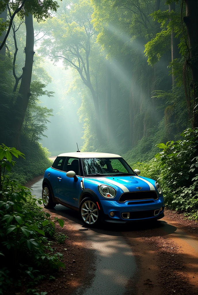 A blue Mini Cooper from 2008 with a white roof, parked on a street in the Bolivian Amazon. , Illuminated amidst mist and shadows