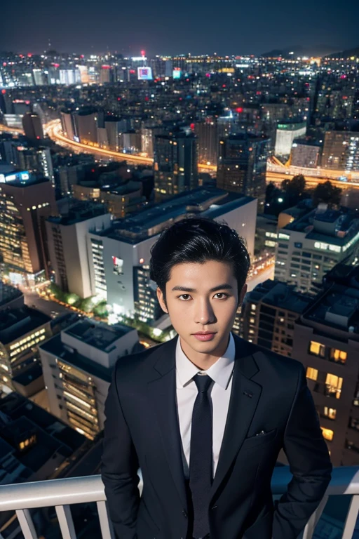 masterpiece,Highest_quality,1 Japanese male,Two-block hair,suit,Outdoor,Cityscape,night,Elevation