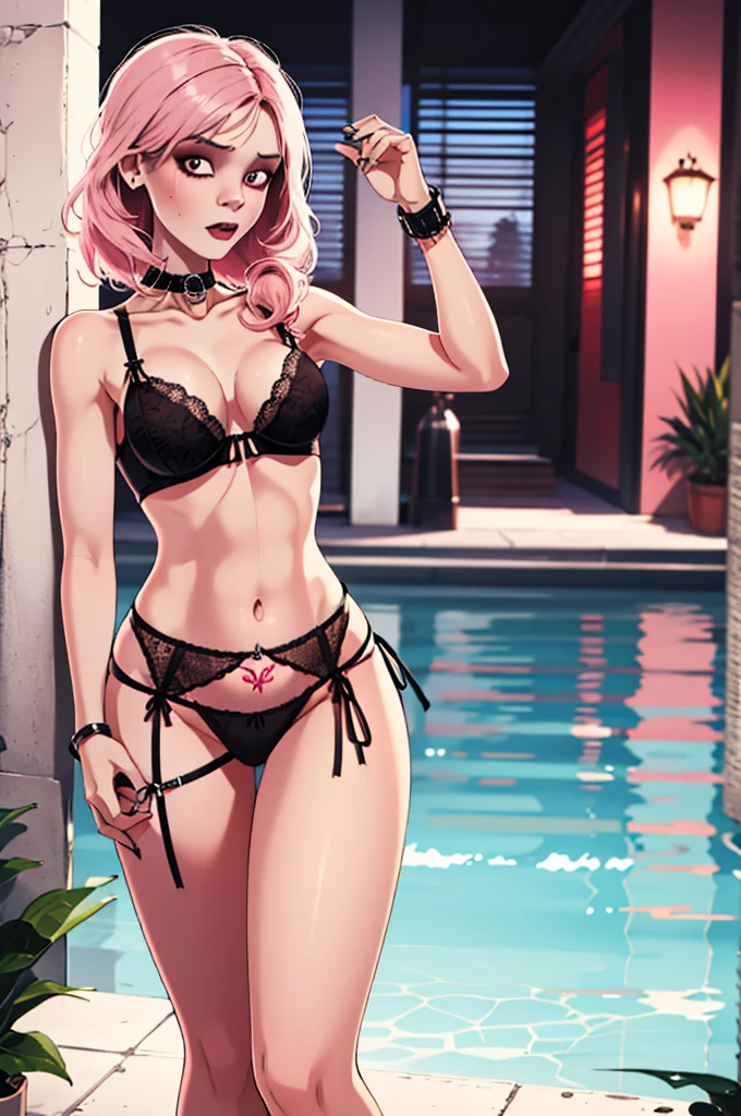 arafed woman with pink hair and tattoos posing in a black lingerie, an epic non - binary model, smooth pink skin, cute girl with short pink hair, non binary model, lacey, ivory pale skin, with pink hair, pale goth beauty, pink body harness, pale white skin, thin black lingerie, pink and black, some pink, looks a blend of grimes