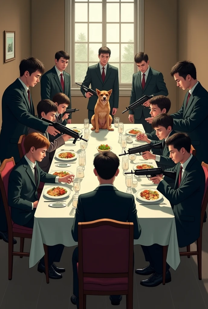 some gunmen pointing their guns to the dining table, in front of them the cameramen are pointing the cameras to the dining table, and 7 people who are University students eating at the dining table, a bitch dog is sitting on the chair at the end of the table and he is sucking his pennis.