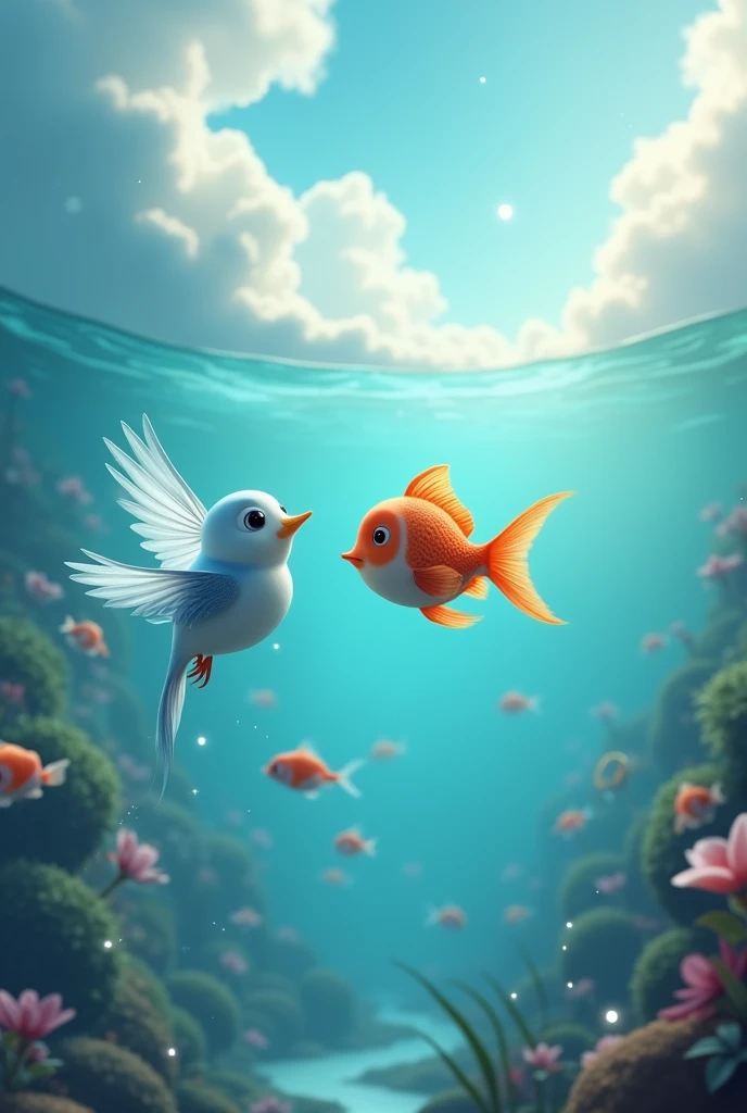 Try making a 3D animated image of a bird falling in love with a fish and they are approaching each other from their respective locations