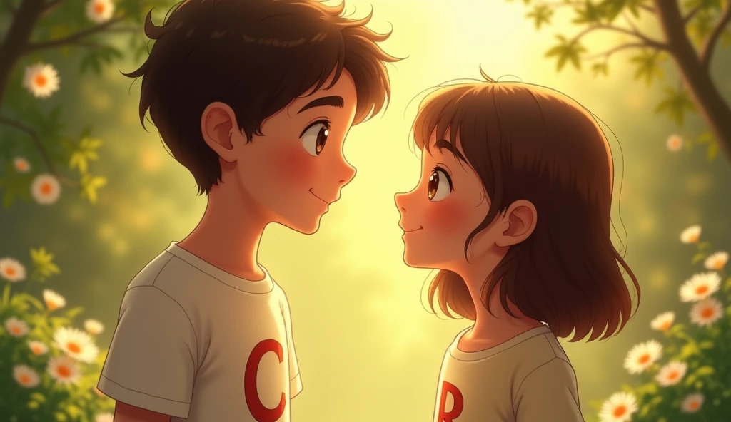 Image of a boy looking lovingly at a girl, the boy has a t-shirt with the initial C and the girl has the initial R