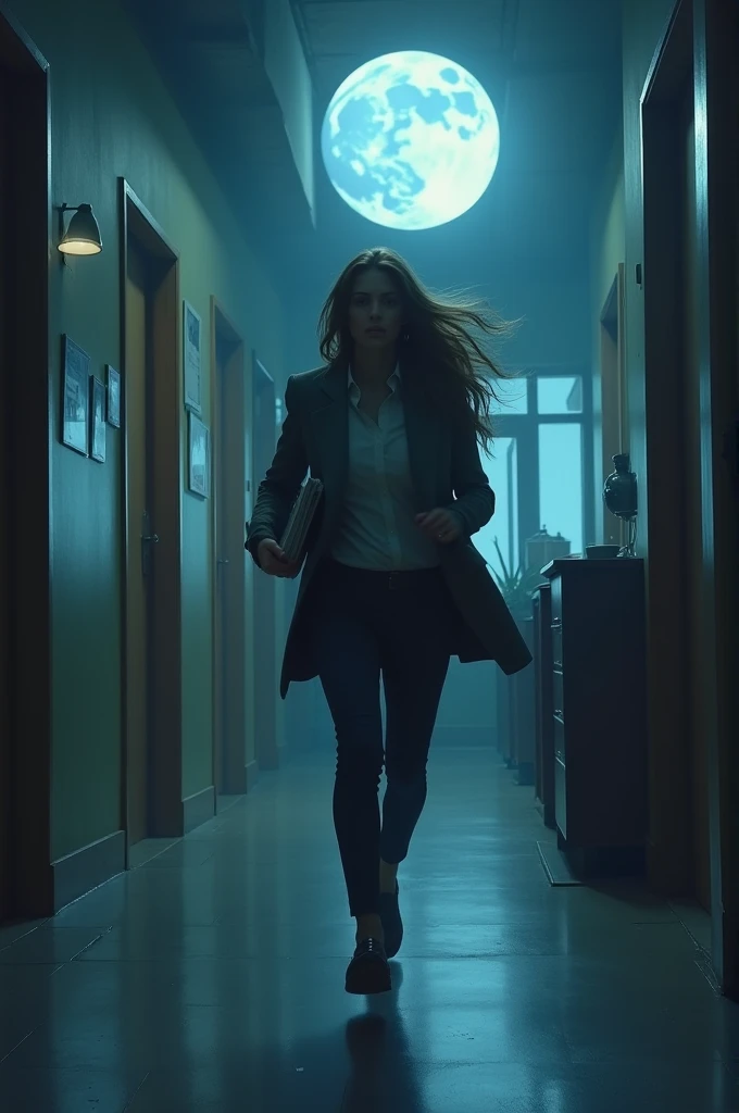 A soft, beautiful moon, a woman running with documents through the office