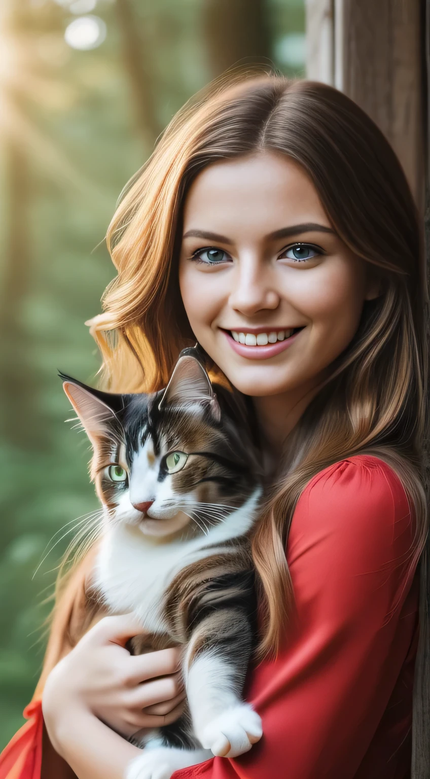 (Photo of a young woman with long hair and ocean blue eyes carrying in her arms a large tabby black Norwegian forest cat : 1.2) , (appareil photo Sony Alpha 1, Renowned for capturing exceptional details and vivid colors : 1.2), (paired with the Sony FE 50mm f lens / 1.8 for focused and complete shooting : 1.2), (The girl with the radiant smile and the perfectly symmetrical face : 1.1), (appareil photo Sony Alpha 1 capturant les textures complexes de ses cheveux et de son chat :1.2), (dressed in a perfectly fitted red dress :1.2), (Carrying in his arms a large Norwegian forest cat tabby black: 1.2), (cadre pittoresque et enchanteur un champ de fleurs: 1.1), (Sunlight casts a soft, ethereal glow : 1.3), (A feeling of joy and happiness evident in his bright smile : 1.3), (High-resolution photo ensures that every detail, the expression of the girl and her cat, is preserved : 1.3), cutscene, hyper detailed, crazy details, beautifully colored, Super-Resolution, Megapixel, Kinematic lightning, Post-traitement, insanely detailed and intricate, hyper maximaliste, hyper realistic, volumétique, photoréalistique, Ultra real photo, Ultra-detailed, Very detailed, 16K.