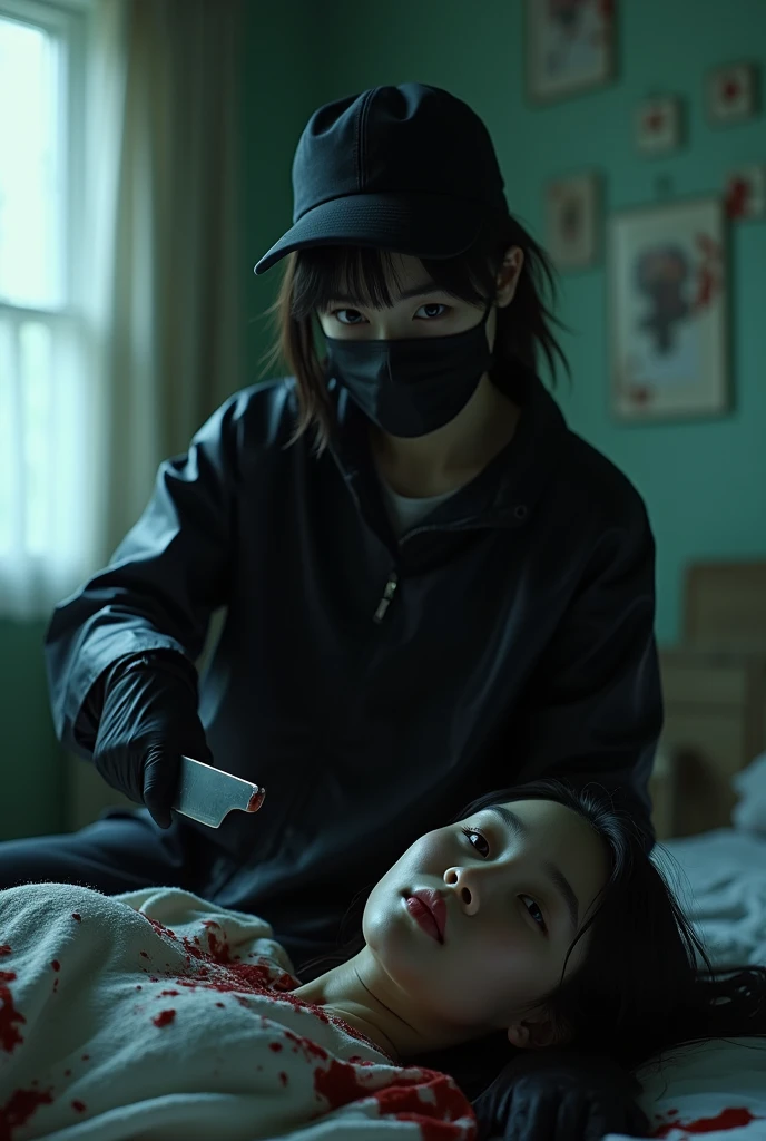 korean girl, (behind ??????, holding knife), stabbing, black surgical mask, black gloves, room ?????????????, black raincoat, trucker hat, holding knife, black gloves, woman on top, behind ??????, blood splatter, on the bed, looking at viewer, mass murderer, killer, low ponytail, blood splatter, dark atmosphere, cinematic lighting, atmospheric realistic, light from the window, close-up,
