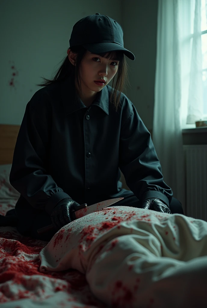 korean girl, (behind corpse, holding knife), stabbing, black surgical mask, black gloves, room full of blood, black raincoat, trucker hat, holding knife, black gloves, woman on top, behind corpse, blood splatter, on the bed, looking at viewer, mass murderer, killer, low ponytail, blood splatter, dark atmosphere, cinematic lighting, atmospheric realistic, light from the window, close-up,
