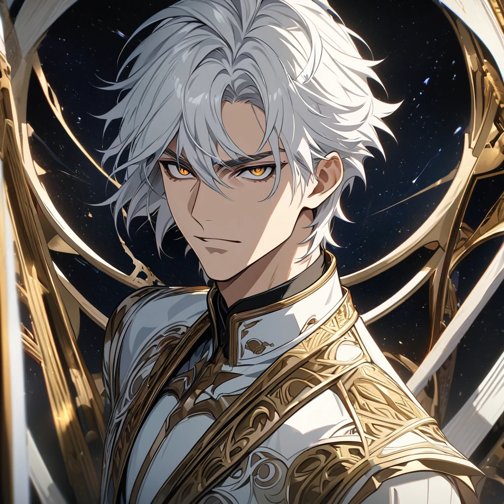 (absurdres, highres, ultra detailed), 1man, mature male, aged up, short hair, white hair, black eyes, extremely detailed CG unity 8k wallpaper, intricate details, portrait, looking at viewer, solo, (full body:0.6), detailed background, detailed face, High quality, HD, 4k, no shadows, handsome male, 1male, , teenager, short white hair, silver hair, white hair, sharp eyes, deep gold colored eyes, dark golden colored eyes, deep gold eyes, gold eyes, devil may cry, close up, calm expression, stoic expression, black leather clothes, white leather clothing, lean body, well trained body, upper body, looking at viewer, cowboy shot, white solar, space background