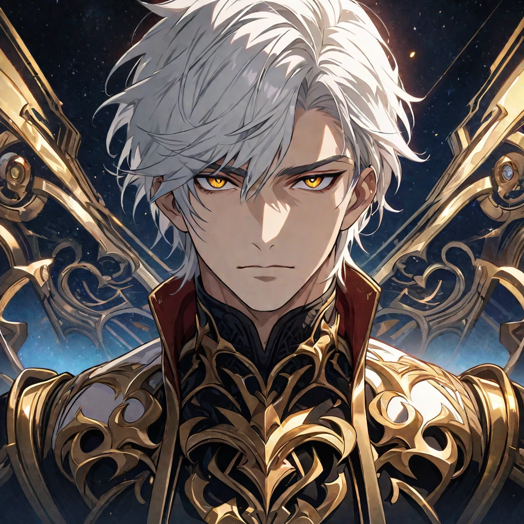 (absurdres, highres, ultra detailed), 1man, mature male, aged up, short hair, white hair, black eyes, extremely detailed CG unity 8k wallpaper, intricate details, portrait, looking at viewer, solo, (full body:0.6), detailed background, detailed face, High quality, HD, 4k, no shadows, handsome male, 1male, , ager, short white hair, silver hair, white hair, sharp eyes, deep gold colored eyes, dark golden colored eyes, deep gold eyes, gold eyes, devil may cry, close up, calm expression, stoic expression, black leather clothes, white leather clothing, lean body, well trained body, upper body, looking at viewer, cowboy shot, white solar, space background