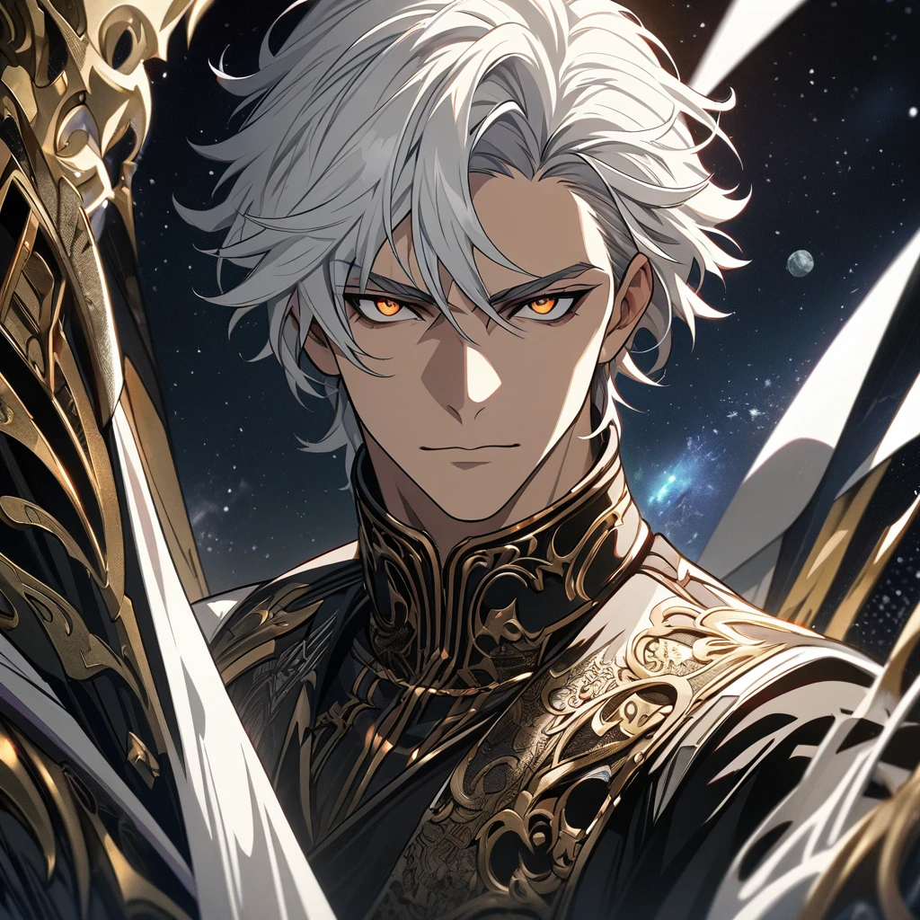 (absurdres, highres, ultra detailed), 1man, mature male, aged up, short hair, white hair, black eyes, extremely detailed CG unity 8k wallpaper, intricate details, portrait, looking at viewer, solo, (full body:0.6), detailed background, detailed face, High quality, HD, 4k, no shadows, handsome male, 1male, , ager, short white hair, silver hair, white hair, sharp eyes, deep gold colored eyes, dark golden colored eyes, deep gold eyes, gold eyes, devil may cry, close up, calm expression, stoic expression, black leather clothes, white leather clothing, lean body, well trained body, upper body, looking at viewer, cowboy shot, white solar, space background