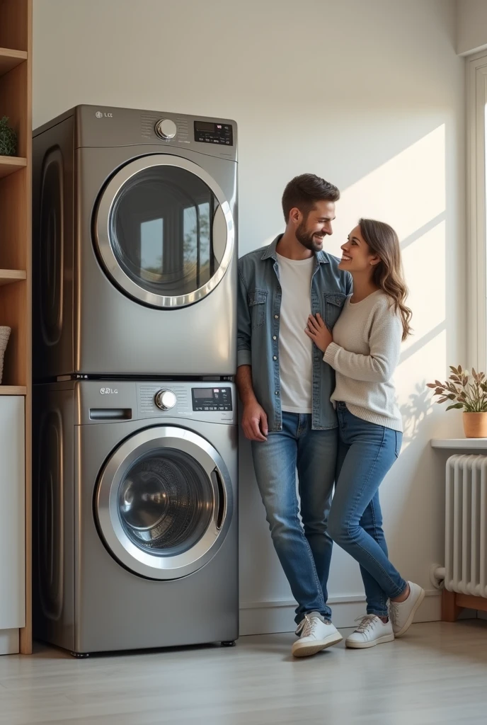 A married couple happily looking at their LG washing tower, taking up less space