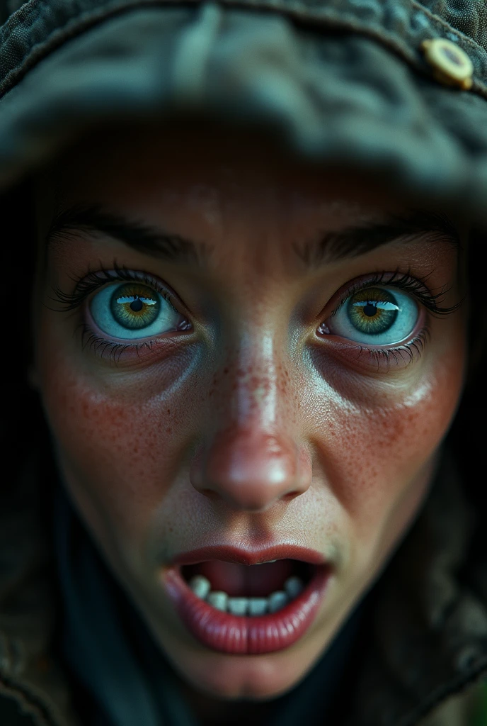 Close up in a hunter's eyes in shock, just eyes on picture