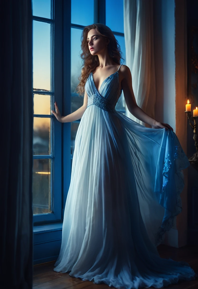 arafed woman in a dress standing in front of a window, a picture by Marie Bashkirtseff, shutterstock, romanticism, half-turned lady in evening gown, flowing gown, wearing a flowing dress, mysterious woman, haunting beautiful young woman, wearing a white flowing dress, flowing dress, woman in dress, extremely moody blue lighting, miss aniela