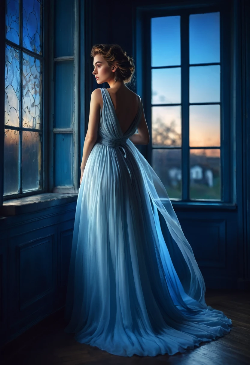 arafed woman in a dress standing in front of a window, a picture by Marie Bashkirtseff, shutterstock, romanticism, half-turned lady in evening gown, flowing gown, wearing a flowing dress, mysterious woman, haunting beautiful young woman, wearing a white flowing dress, flowing dress, woman in dress, extremely moody blue lighting, miss aniela