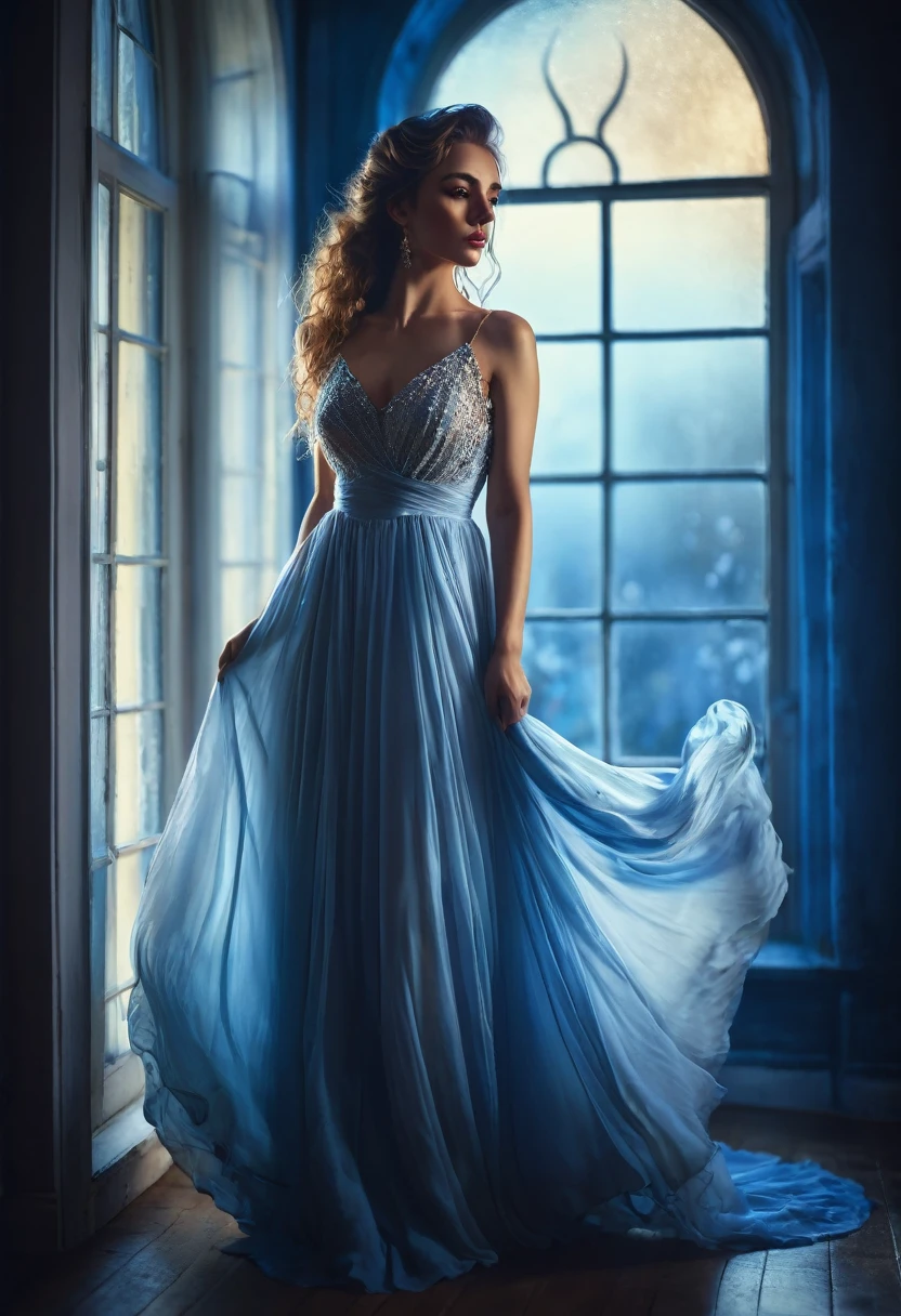 arafed woman in a dress standing in front of a window, a picture by Marie Bashkirtseff, shutterstock, romanticism, half-turned lady in evening gown, flowing gown, wearing a flowing dress, mysterious woman, haunting beautiful young woman, wearing a white flowing dress, flowing dress, woman in dress, extremely moody blue lighting, miss aniela
