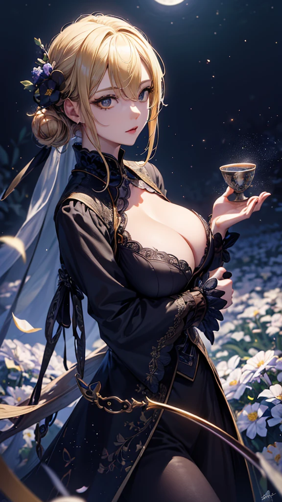 masterpiece, high quality, 4K, Beautiful design, silhouette,blonde, 非常に詳細な夜のStarry Sky,Flower Field, wonderful, Finer details, Very knowledgeable woman, Highly detailed solo, 1 female,,Gothic Fashion,During tea time,Night view,Starry Sky,full moon,