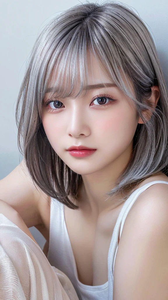 ((masterpiece, Highest quality, High resolution)), 1 Japanese girl, (Realistic: 1.4), excited、Great face,Glossy lips、19 years old, Silver Hair、Silver Hair、short hair, Silver Hair、(Beautiful Hair:1.5), mini skirt、Beautiful legs、Lie down on the bed、Staring、Angle from the front, Smooth, Highly detailed CG composite 8K wallpaper, High resolution RAW color photos, Professional photography, Light, BackLight, dream-like, impressive, Written boundary depth, (Face close-up:1.5)
Summer clothes　

