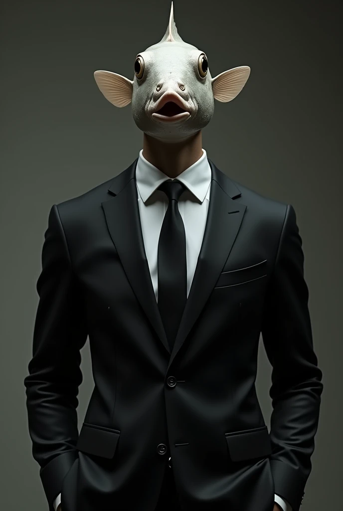 He is a man with a fish head.。Wearing a black suit、He is well-dressed。