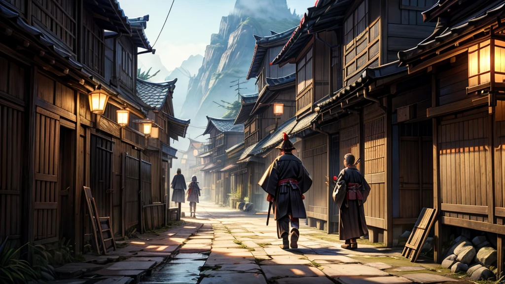 Samurai, kimono and village wizards, villagers in the background, destroyed scenery, broken floor, wizard smoking cigarette, Destaca-se, pine light, big smile, アニメ