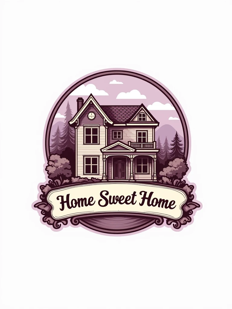 "Design a logo with a classic style. Center a house that is lilac and brown, with a sign reading 'Home Sweet Home'. The house should be intricately detailed and have a traditional appearance. The background should be plain white, with no additional elements other than the house itself. Ensure the house is perfectly cut out for use as a label on sweet products, conveying a 'classic home' vibe."