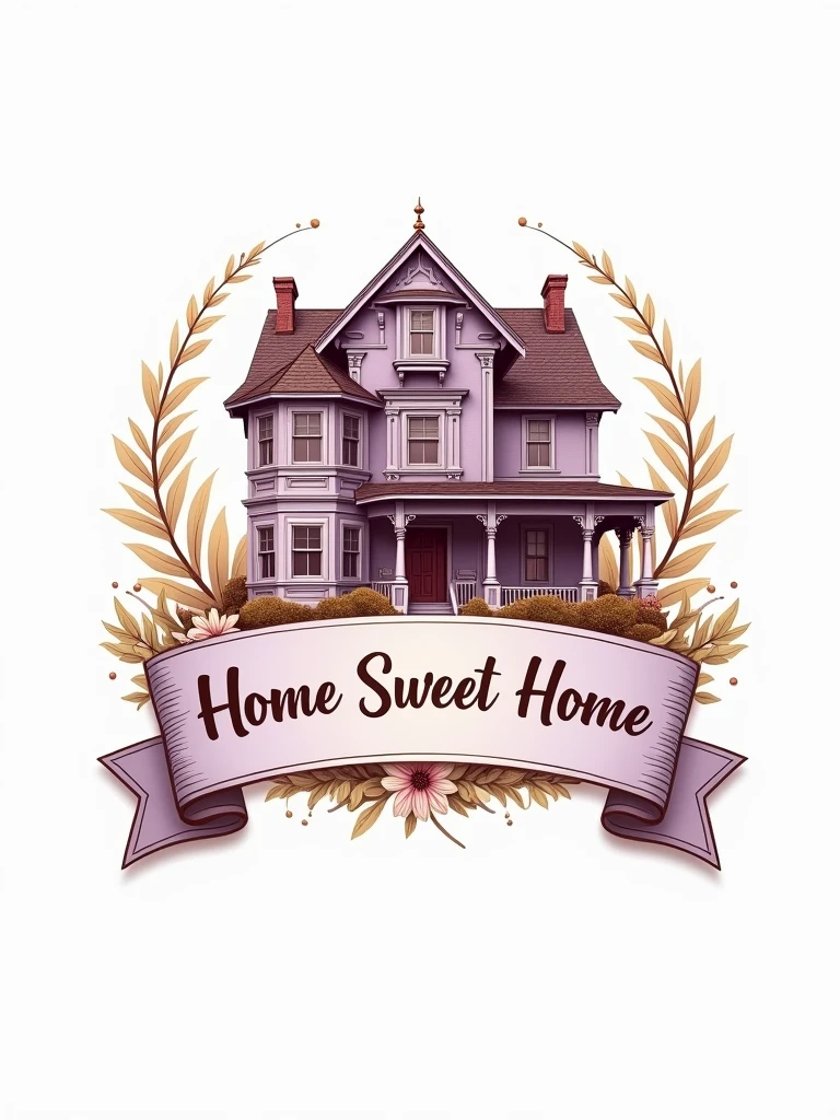 "Design a logo with a classic style. Center a house that is lilac and brown, with a sign reading 'Home Sweet Home'. The house should be intricately detailed and have a traditional appearance. The background should be plain white, with no additional elements other than the house itself. Ensure the house is perfectly cut out for use as a label on sweet products, conveying a 'classic home' vibe."