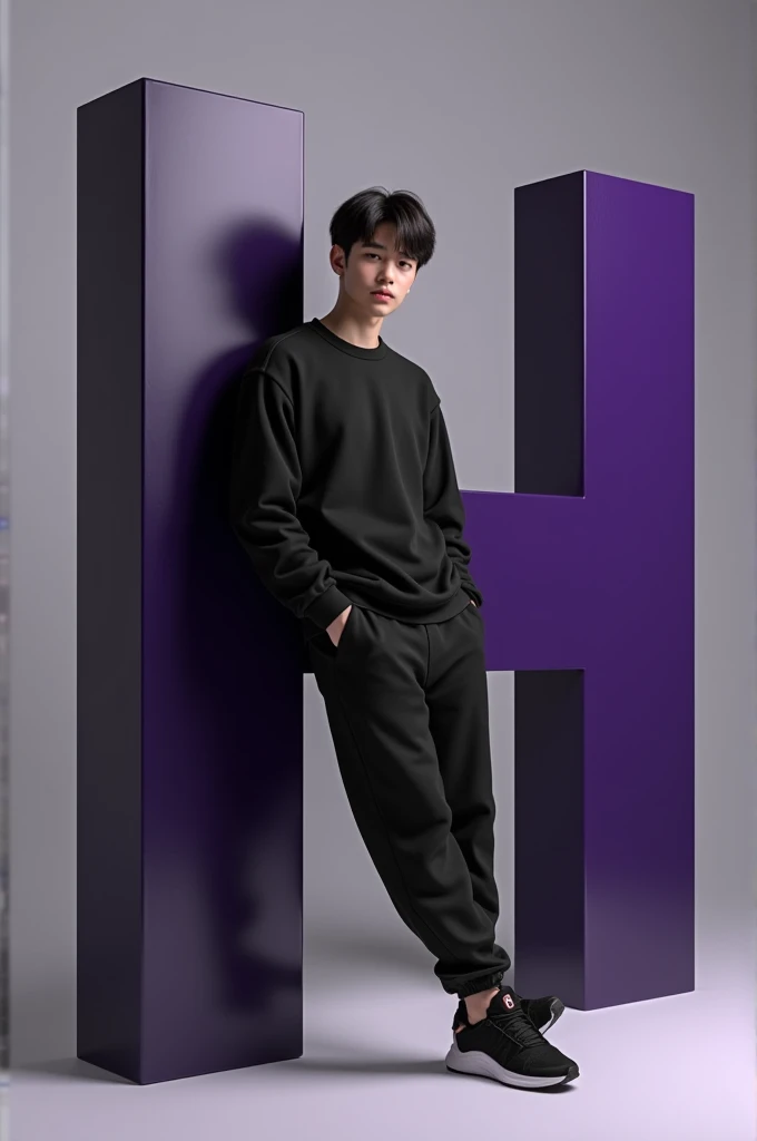A 18 year old boy with dark hair, dressed in a casual outfit including a black sweatshirt, jogger pants, and sneakers. The person is leaning against a large purple glossy letter 'H', which is Black with white accents. The overall color scheme is minimalistic, focusing on shades of black and grey. The scene has a modern and clean aesthetic, with soft darks and subtle shadows.