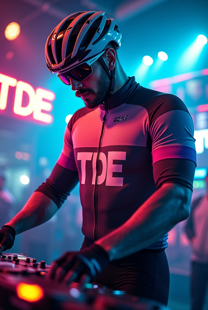 Create a picture with the heading TDE in the picture is a techno DJ with bike clothes, This should be readable, the DJ is a man and with glasses and helmet