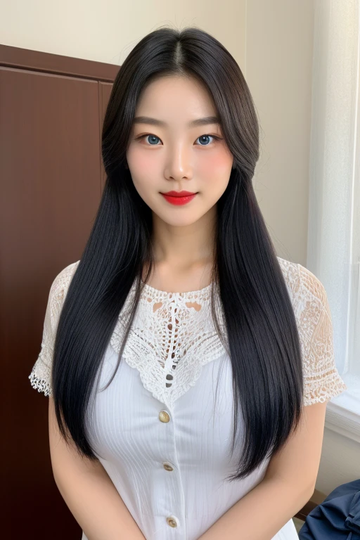 A korean girl, strikingly beautiful, delicate facial features, porcelain skin, expressive eyes, red lips, big breasts, perfect anatomy、20 years old、Close-up of a housewife cleaning her room, eyes not looking at the camera, shy look, blushing mother, a braid, smooth skin, very detailed clothes, intriguing suit, extremely high detail, random movements, interior scene, big breasts, happy, kind, milf
