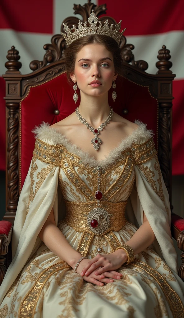 Young and beautiful Danish Queen。whole body。Sit on a throne、Wearing the crown、Holding a scepter and a jewel。Danish flag in the background