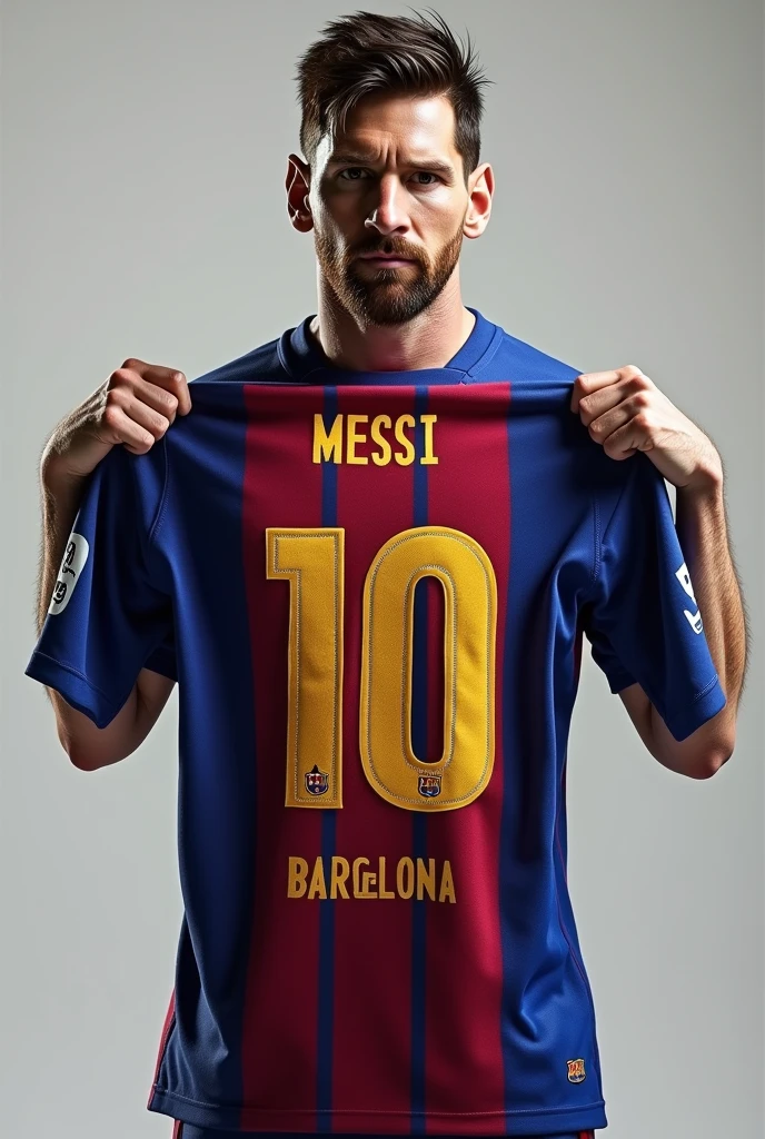 high qualiy, 8k Ultra HD, Lionel Messi showing off his Barcelona jersey with the number 10.