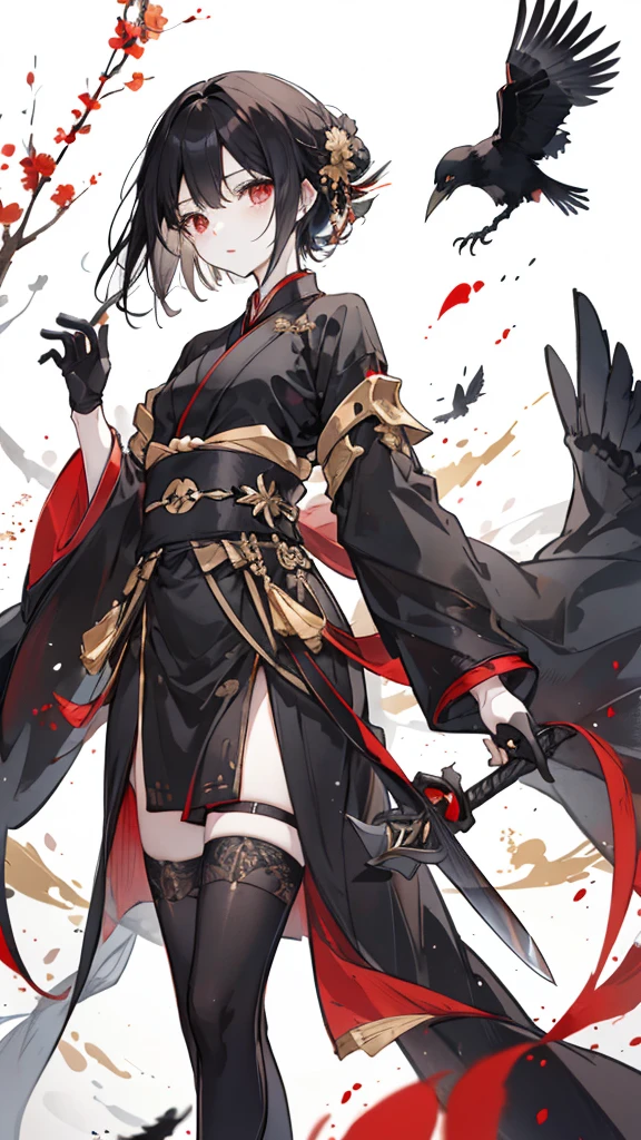 short black hair，Golden pupils，Black Hanfu and armor，Black long knife，crow flying in the air，black stockings，Wearing a black glove on the left hand,little chest