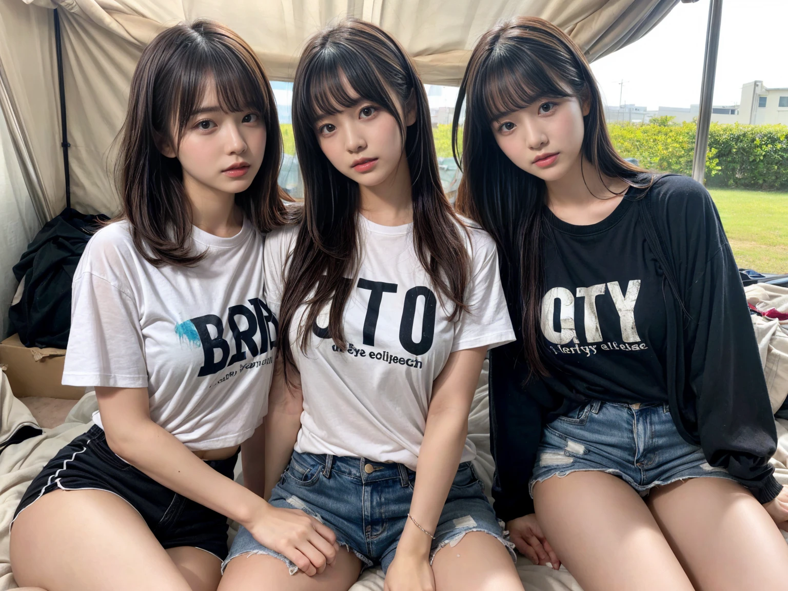 (Details High quality, realistic depiction of eyes:1.3), (2 girls), Tattered clothes, (The collapsed room), (Inside the barrack tent), (wearing a tattered and dirty t-shirt.:1.1), Wearing baggy pants, dirty body, (Messy long hair), black hair color, Big Natural Color Lip, crying a little、Harajuku style、20 year old girl、cute type、lolita, Gravure Idol, full body photo、focus on crotch, huge breasts