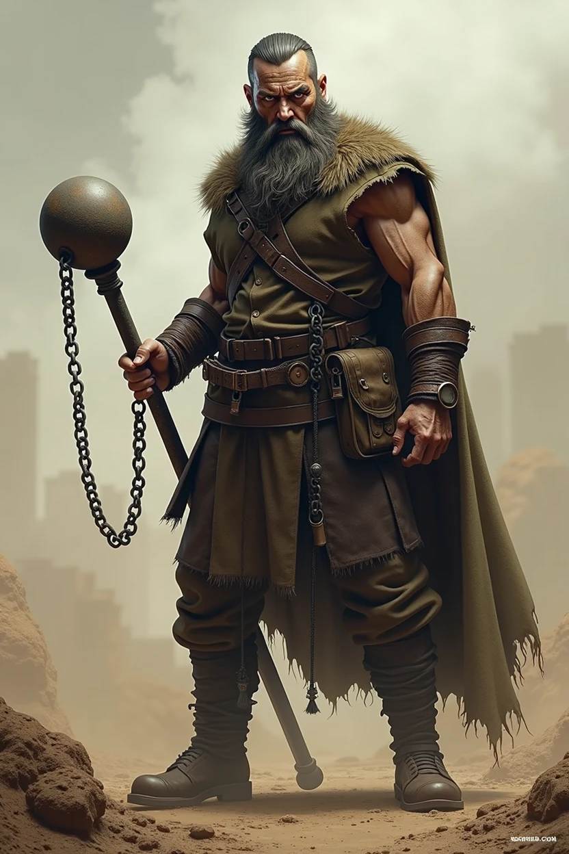bearded man with scars on his face, holding a weapon with a chain and a ball