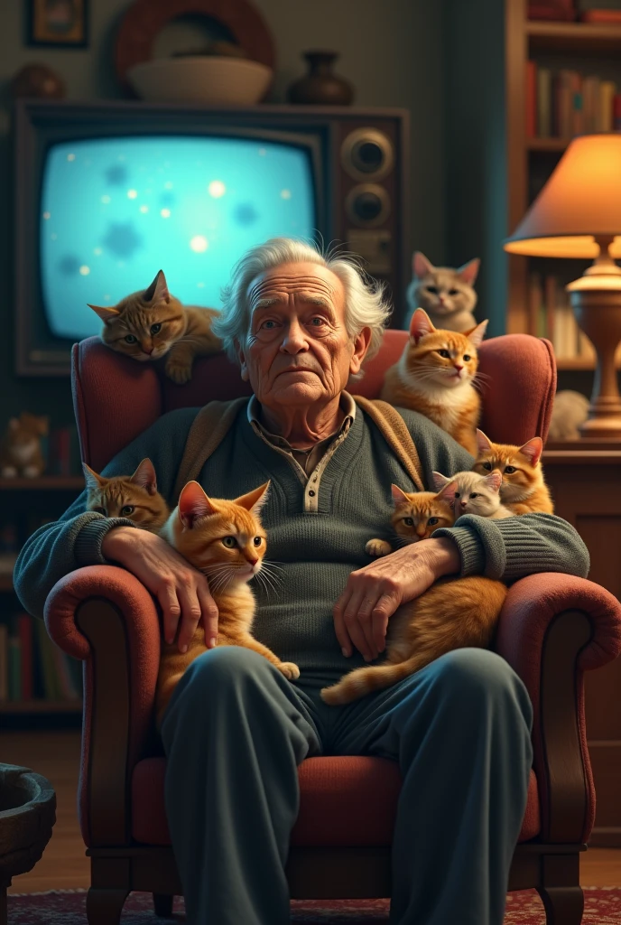 An 80-year-old grandfather watching television with his 20 cats, I want the TV to be seen too