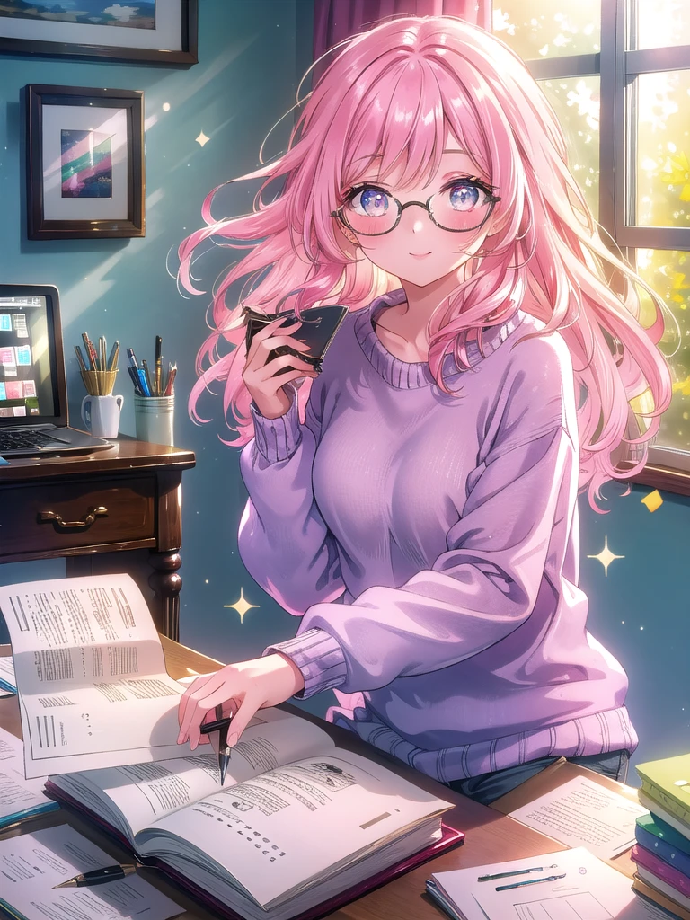 ((8k, Highest quality, masterpiece: 1.3)),Ultra-high resolution,(1 girl, alone), (Color changing eyes, Ultra-detailed, Expressive brilliance, Glitter, Glowing Eyes), Highly detailed eyes, Highly detailed face, Random Hair, ((pastel colour)),A cheerful young woman with pastel pink hair styled into loose waves, sitting at her desk in her sunlit bedroom during a bright morning. She is dressed in a cute yet subtly sexy writer cosplay, wearing an oversized sweater, a pair of knee-length shorts, and reading glasses perched on her nose. The camera captures her from a slightly elevated angle as she smiles warmly while typing on an old-fashioned typewriter, her expression full of creativity and focus. The room is filled with natural sunlight, with a few notebooks and pens scattered on the desk, a cozy blanket draped over the chair, and a warm, literary atmosphere.


