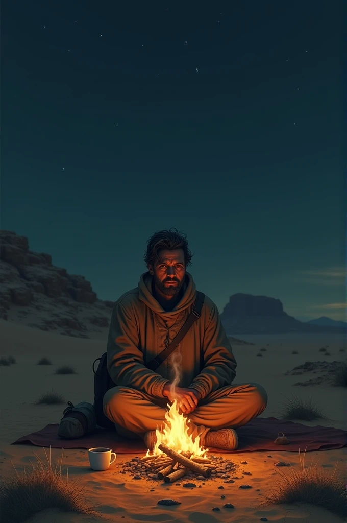 Night at the desert.A lone survivor is sitting in front of a campfire,holding a cup of hot coffee.he is wearing a brown long coat,a sling bag and sitting on a cloth