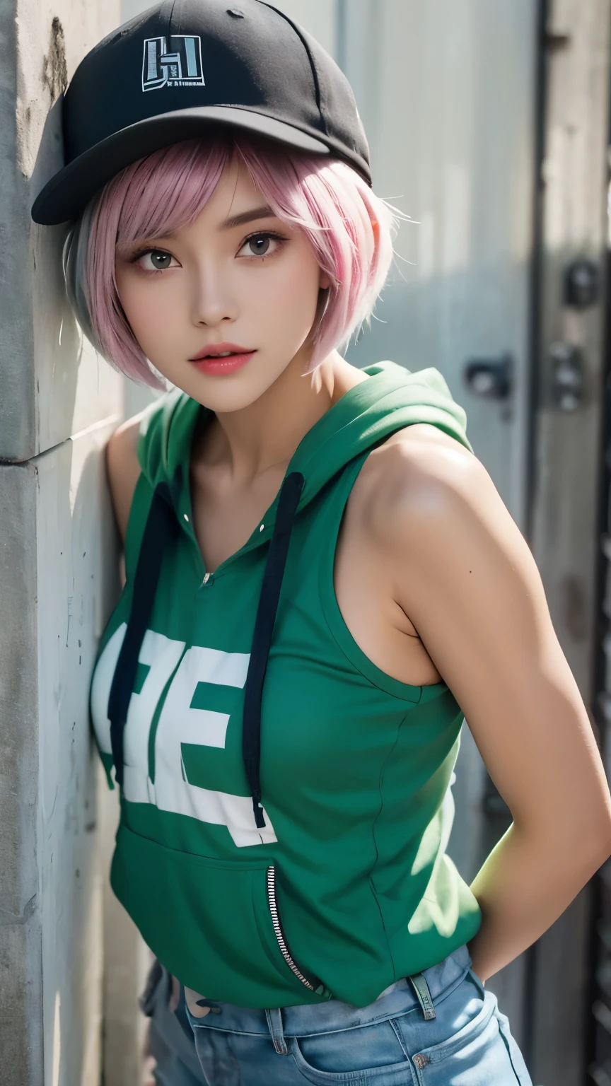 (Headshots:1.5),best quality, Little Woman, wonderful,whole body, , {{{Beautiful face down to the smallest detail}}}, Beautiful resonance (Black color) eye, Dead Rolling eye, (green) Short hair, {shaggy cut}, bright (green) emphasized hair, Pink striped hair, bare arms, Standing in front of a wall covered in hip hop graffiti, pixie cut gray hair, He is wearing a short tank top and an open zipper hoodie...,I see your heart,nice ass,Wear a New Era cap